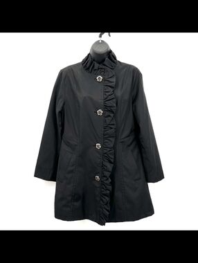 Betsy Johnson Ruffle Trim Trench Coat Women’s Sz Large, Black